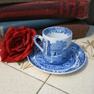 May include: A blue and white porcelain teacup and saucer set with a landscape design. A red rose lies beside the teacup on a tiled surface. Antique books are stacked in the background.