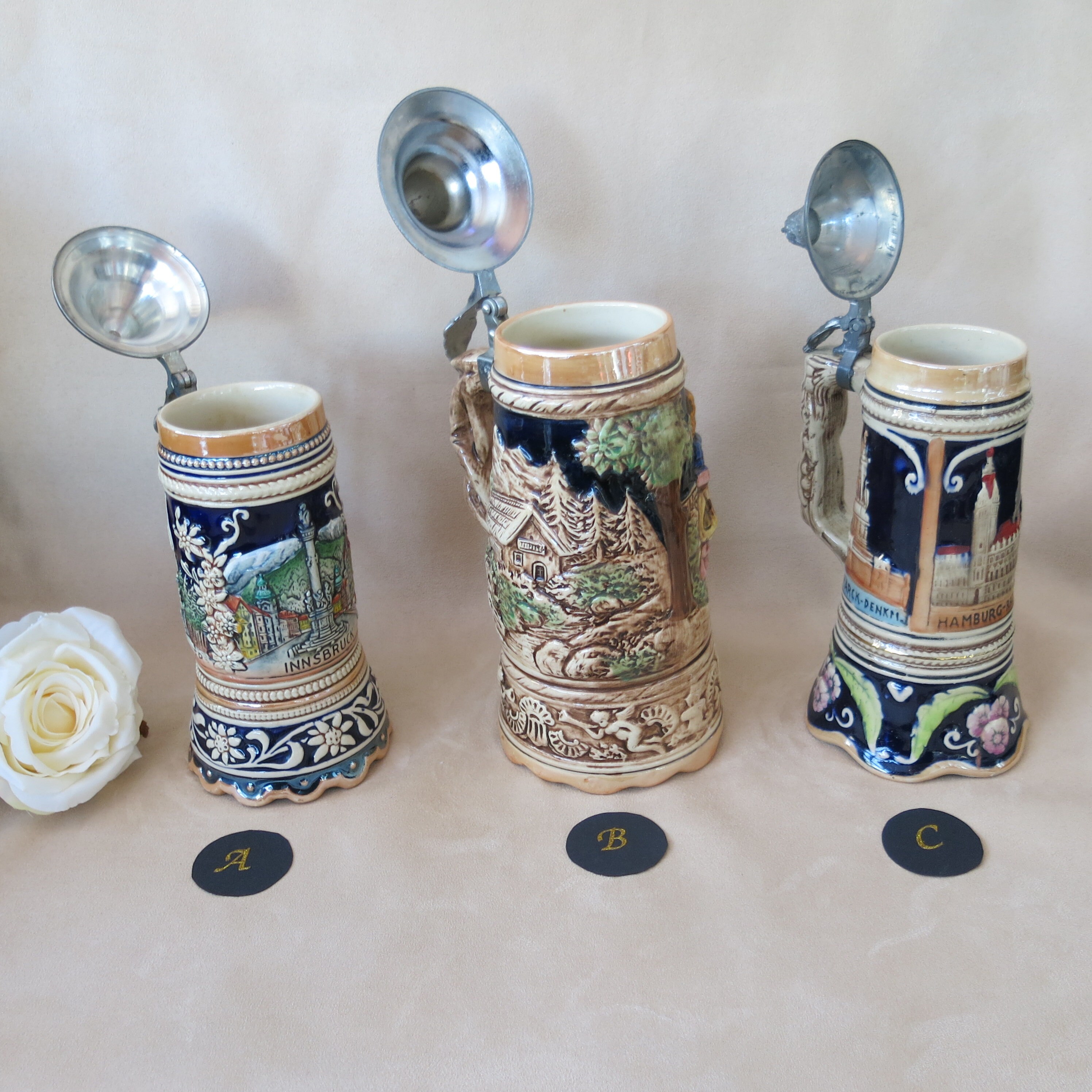 Vintage Austrian Steins With Pewter Lids Hand Painted Rare Etsy UK