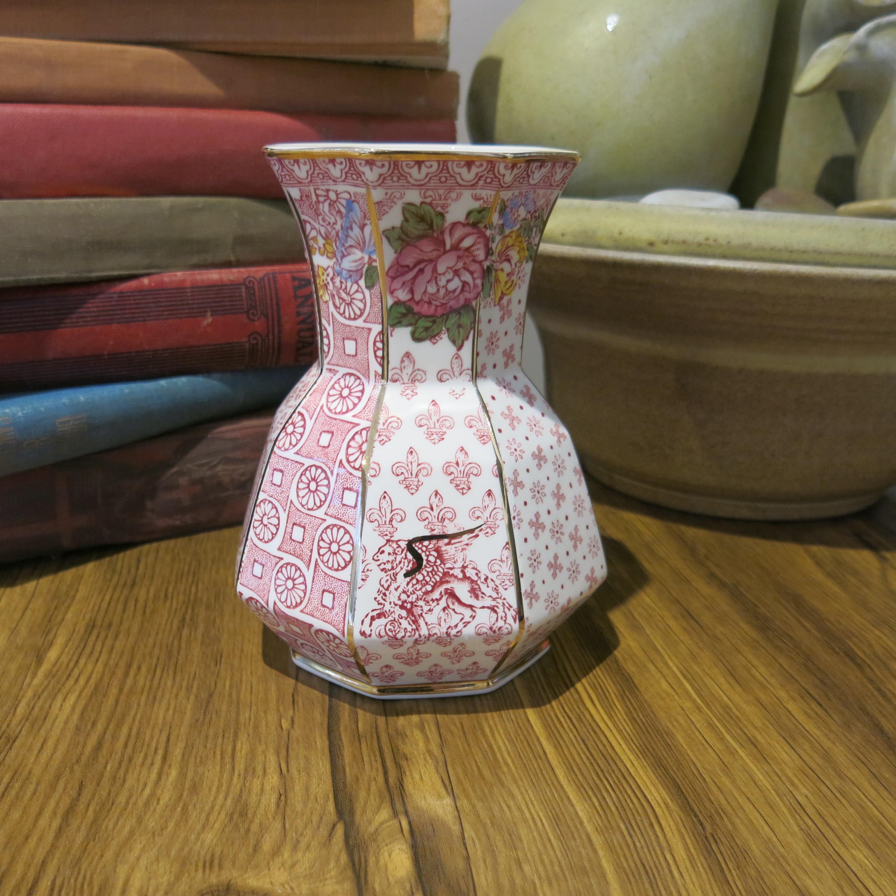 Vintage Masons Empress Vase: Pink Octagonal Floral, Hand Painted