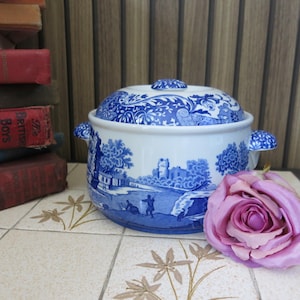 Könnte beinhalten: Eine blau-weiße Keramik-Auflaufform mit Deckel, die eine Landschaft zeigt. Die Form hat zwei Griffe und einen dekorativen Knopf auf dem Deckel. Eine rosa Rose liegt neben der Form. Die Form steht auf einer gefliesten Oberfläche.