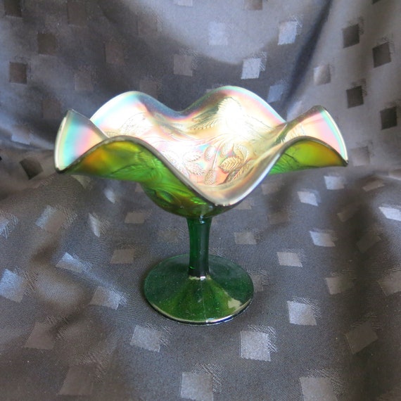 Beautiful Vintage Iridescent Green Carnival Glass Bon Bon Dish