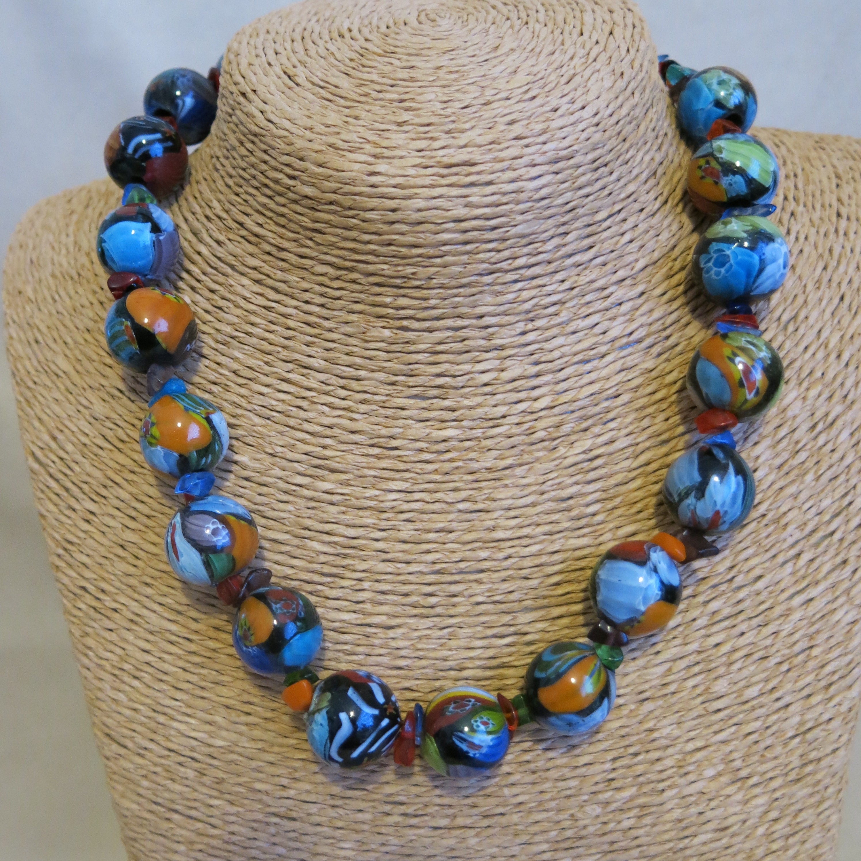 Collier Perles De Verre Millefiori Italiennes - Motif Fleuri - Longueur ~43cm - Occasion Excellent état