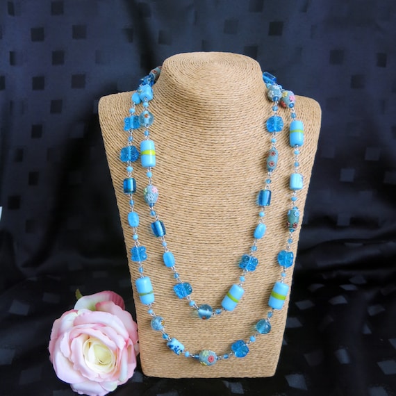 Blue Beaded Necklace -  Colourful - Costume Jewellery - Lovely Gift for Her - Lovely Colours and Patterns - Approx 49 1/2 inch in Length