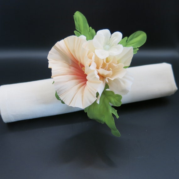 Peach and White - Artificial Flowers Napkin Rings - Wedding/Party/Favours x 6