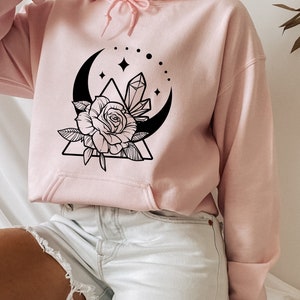 Floral Moon Crystal Divination Hoodie, Rose Crescent Moon Sweatshirt, Crystal Hoodie, Witchy Moon Birthday Gifts,
