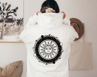 Live By The Sun Hoodie, Art On Front AND Back, Love By The Moon Hoodie, Moon Phase Hoodie, Moon Cycle Hoodie, Sun Hoodie, Zodiac Hoodie