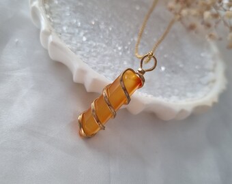 Wire Wrapped Carnelian Pendant Necklace, Stainless Steel Chain, Crystal Jewelry