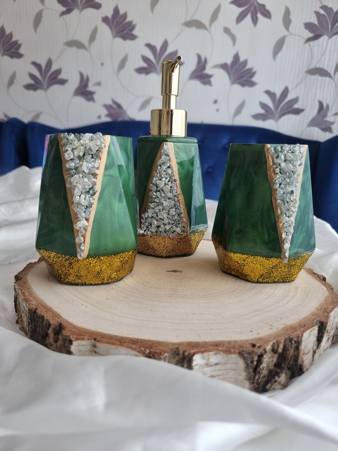 Elegant Green and Gold Bathroom Accessories Set. Luxury Resin Etsy
