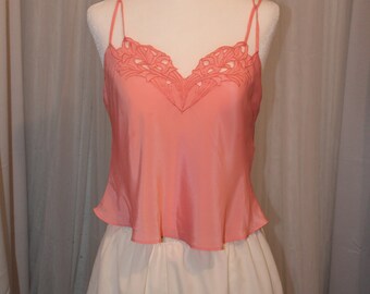 80s SAMYE Vtge Ivory Floral Poly Satin 2-piece Panties and Camisole Set Flapper Retro Tap Pants Style Size Med