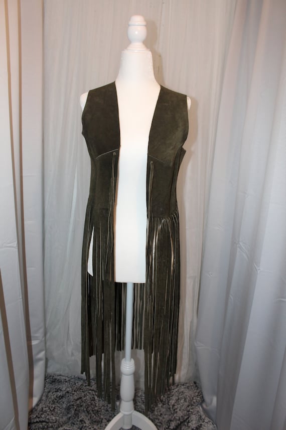Olive Leather Fringe Vest