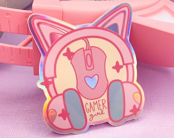 Gamer Girl Kitty Headphones Holographic Waterproof Vinyl Sticker