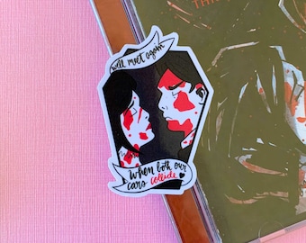 May include: A white sticker with a black and red illustration of two people in a coffin. The text on the sticker reads "will meet again when both our cars collide".