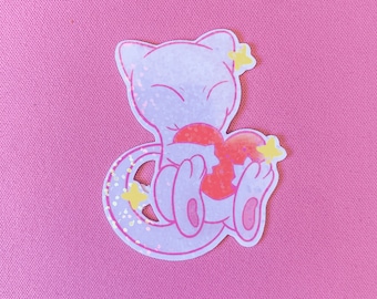 Valentines Day Heart Mew | Holographic Sparkle Vinyl Waterproof Sticker