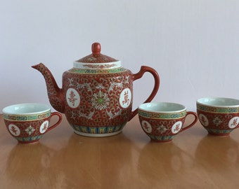 Set of Chinese Mun Shou Longevity 3 Tea Cups and Teapot