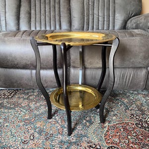 Vintage Asian Two-Tier Brass Tray Table on Wooden Folding Stand