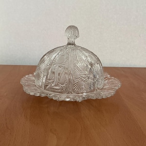 Vintage Paneled Thistle Clear Glass Round Butter Dish with Dome Lid