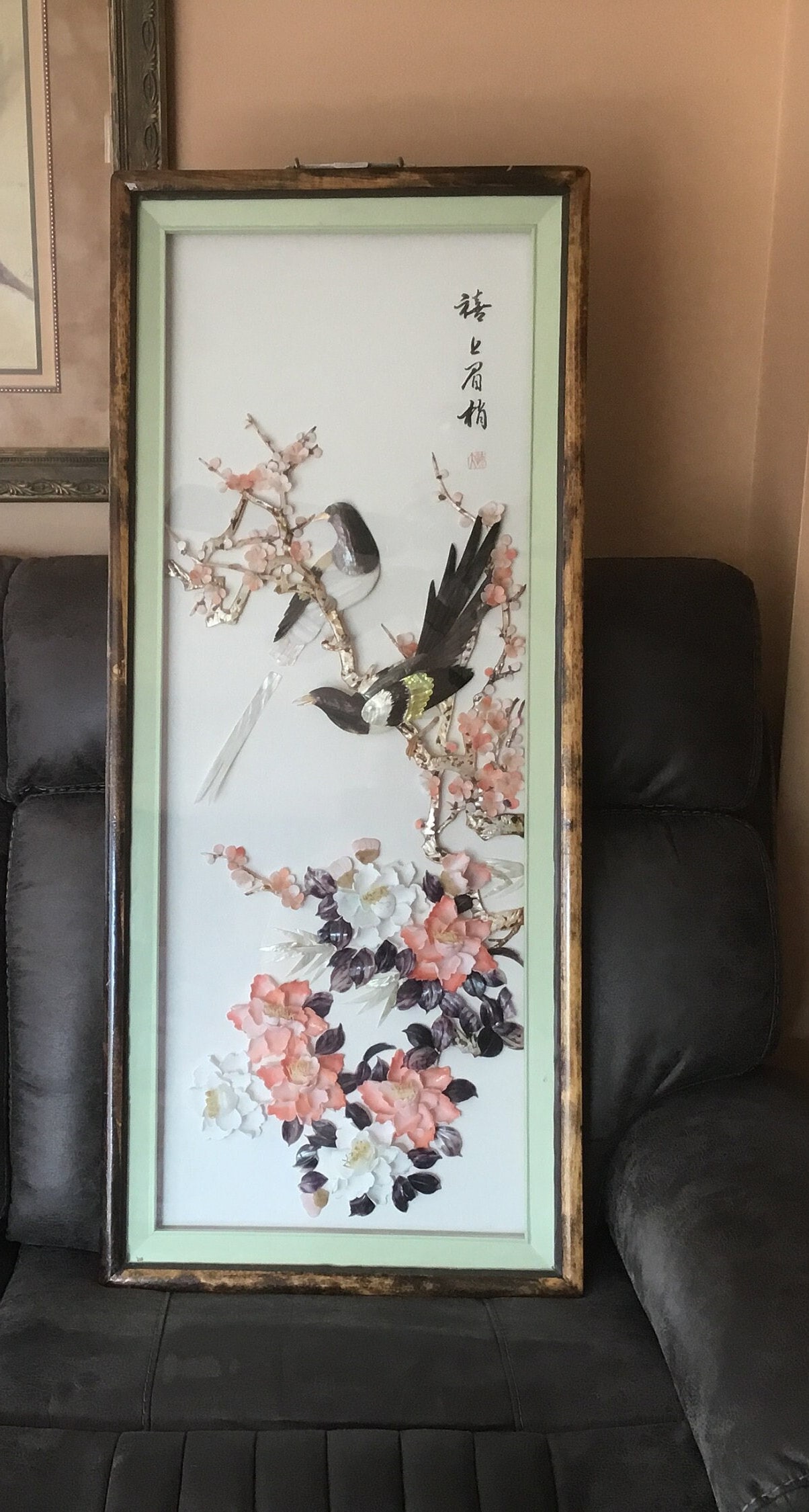 ヴィンテージ額入り中国貝殻アート 鳥 花 風景 - Etsy 日本