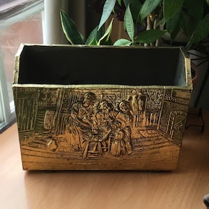 Vintage Embossed Brass Magazine Rack Firewood Holder England