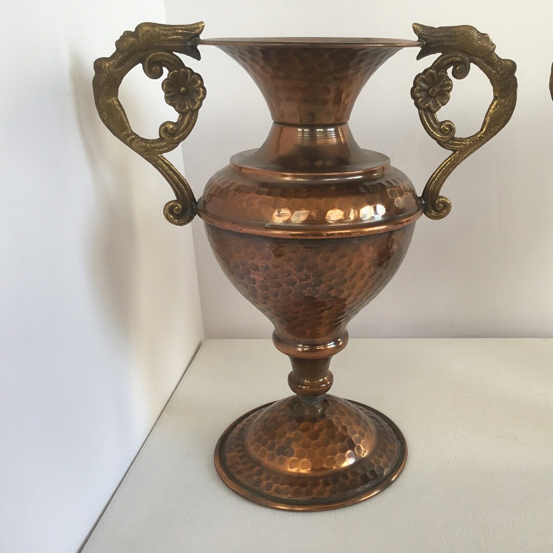 Vintage Large Hammered Copper Amphora Vase With Brass Handles Etsy