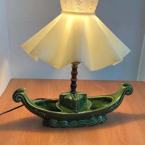 Vintage Green Ceramic Boat Shaped Table Lamp Plastic Shade