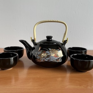 Vintage BLACK JAPANESE Peacocks Ceramic Teapot and 4 Cups