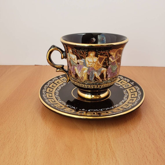 Handmade in Greece in 24k Gold カップ&amp;ソーサー Vintage Hand Made In Greece In 24k Gold/Black Parthenon Of