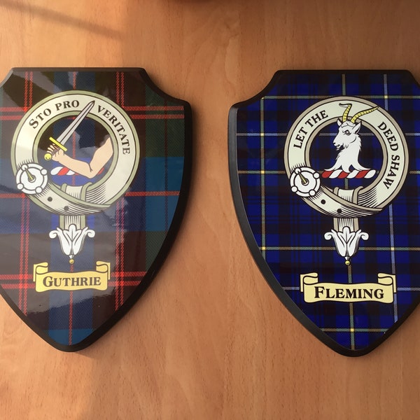 Tartan Shield Plaque with Scottish Clan Coat of Arms Badge