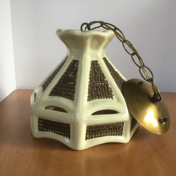 Vintage Ceramic Hanging Light with Rattan, Pendant Light, Lamp