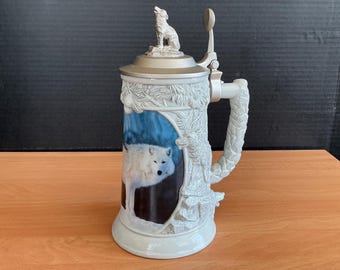 Jarra de cerveza Timber Wolf blanca vintage con tapa, 25,4 cm (10 pulgadas)