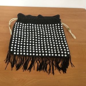 Vintage Boho Black and White Beaded Wrist Bag