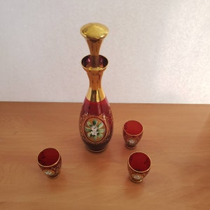 Vintage Set of Moser Bohemian Cranberry Glass Decanter with 3 Shot Glasses