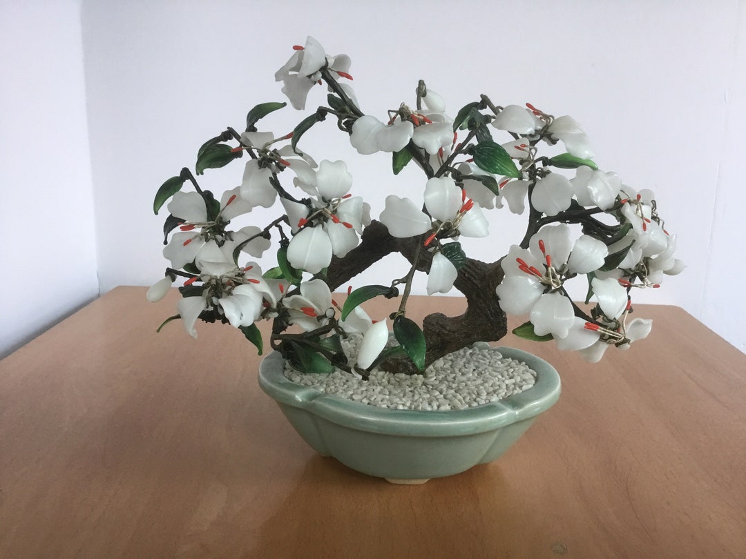 Vintage Glass Bonsai Tree White Flowers Green Leaves Etsy