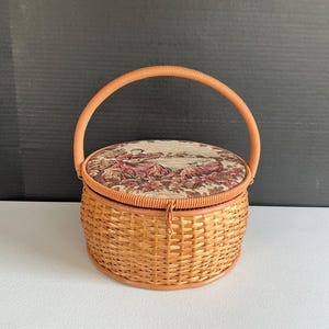 Vintage Woven Wicker Sewing Basket with Tapestry Lid, Sewing Notions Storage Box