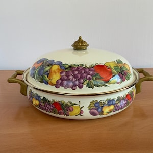 Vintage LINCOWARE Enamel Dutch Oven Pot with Colourful Fruit Design