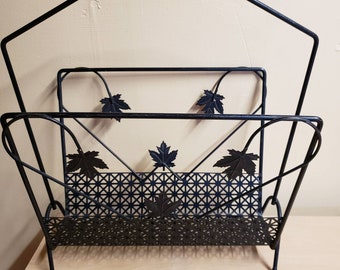 Vintage Magazine Rack Black Metal Wrought Iron with Handle