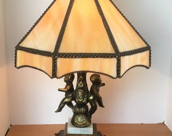 Vintage Ornate Double Cherub Brass Table Lamp, Marble base, Italian Style