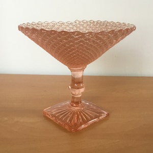 Vintage Pink Glass Footed Compote Bowl, Diamond Point Candy Dish
