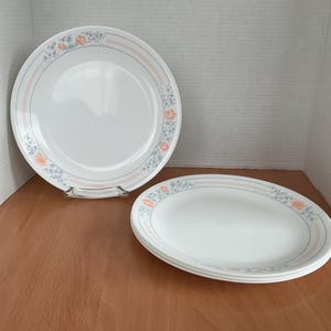 May include: Two white ceramic dinner plates with a floral design in shades of blue and peach. The plates are stacked on top of each other.