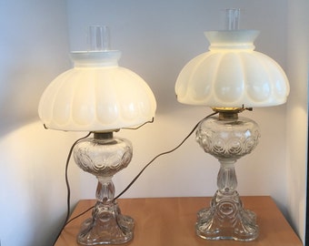 Antique Clear Pressed Glass Hurricane Lamp: Cream-Puff Shade
