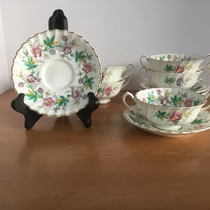 Vintage CHATSWORTH Pink Purple by ROYAL DOULTON Cream Soup Bowls & Saucers, set of 5