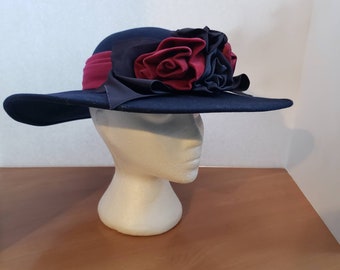 Vintage Whittall & Shon 100% Wool Felt Wide Brim Hat Navy Blue