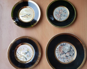 Set of 4 Vintage Chokin Japanese Collection Plates Black and 24K Gold Edged, Birds, Flowers