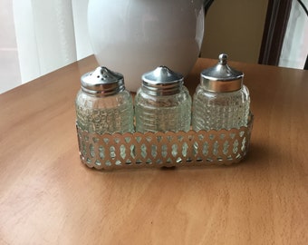 Vintage Salt and Pepper Shakers CUT GLASS in a Silver Tray