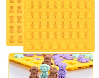 Molde de silicone com 44 cavidades para animais: ursinhos de goma, sapos, leões e macacos.