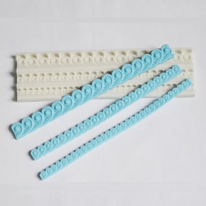 May include: A silicone mold for making cake decorations. The mold has three different sizes of a decorative border with a wavy pattern and small circles.