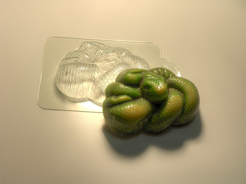May include: A green snake mold for making soap or chocolate. The mold is made of clear plastic and has a detailed snake design.