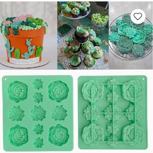 May include: Two silicone molds for making succulent shaped cakes or other treats. The mold on the left has 12 cavities, while the mold on the right has 9 cavities. Both molds are green.