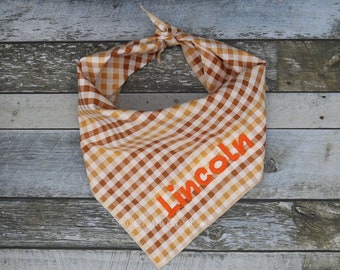 Personalized Fall Color Plaid Bandana, Custom Embroidered Bandana with name, Custom Pet Bandana, Dog Scarf, Autumn Harvest Plaid Bandana