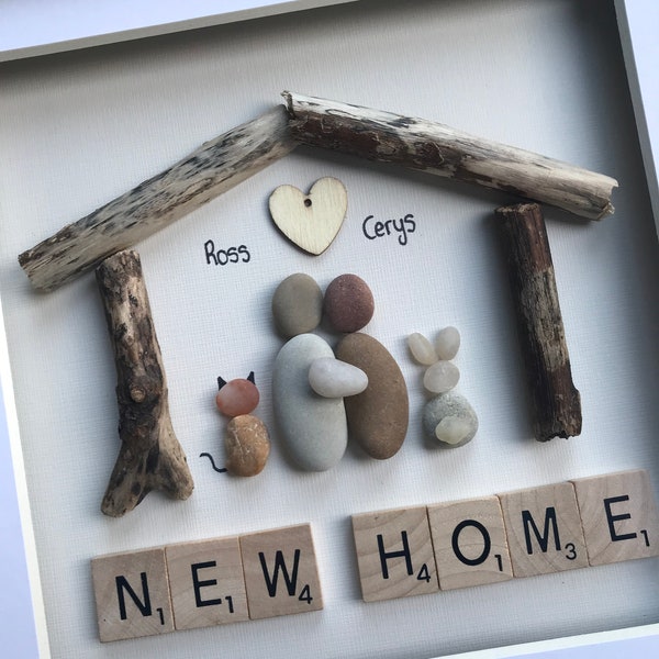 Pebble Art NEW HOME Gift | Couple and/or Pet | Personalised Housewarming Present | Bespoke Pebble Art in the UK | Couple and Dog Pebble Art