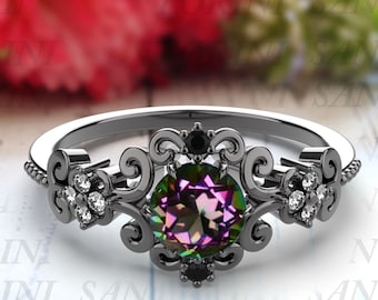 AAA Mystic Topaz Bridal Ring for Woman, 925 Silver Mystic Topaz Vintage Ring For Gift, Antique Round Stone Ring for Love, Black Rhodium Ring